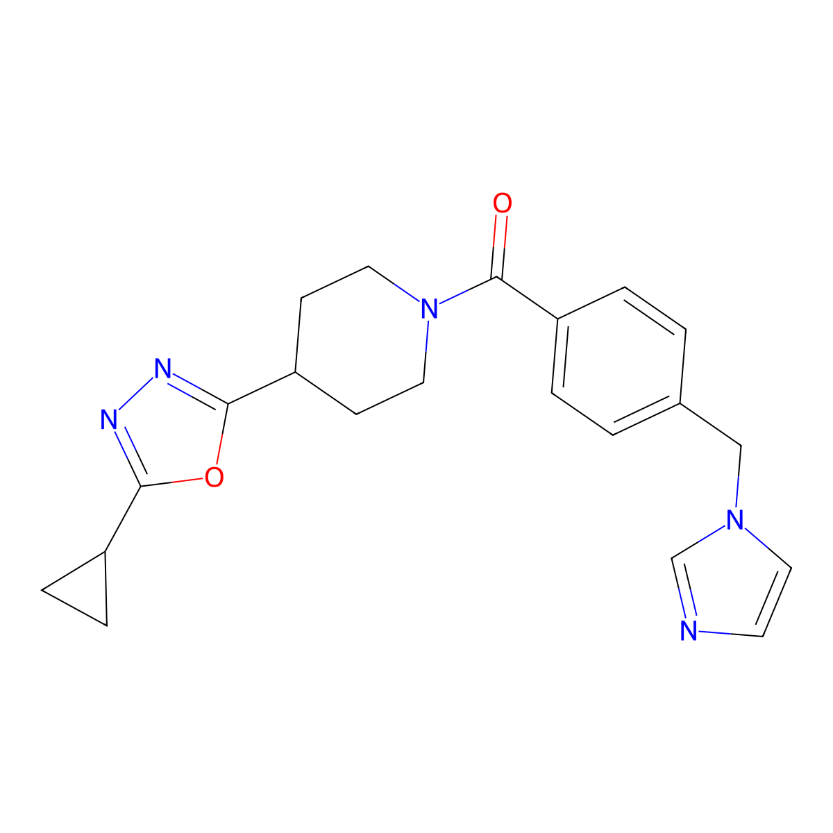 (4-((1H-imidazol-1-yl)methyl)phenyl)(4-(5-cyclopropyl-1,3,4-oxadiazol-2-yl)piperidin-1-yl)methanone molecular structure, CAS 1211293-30-9
