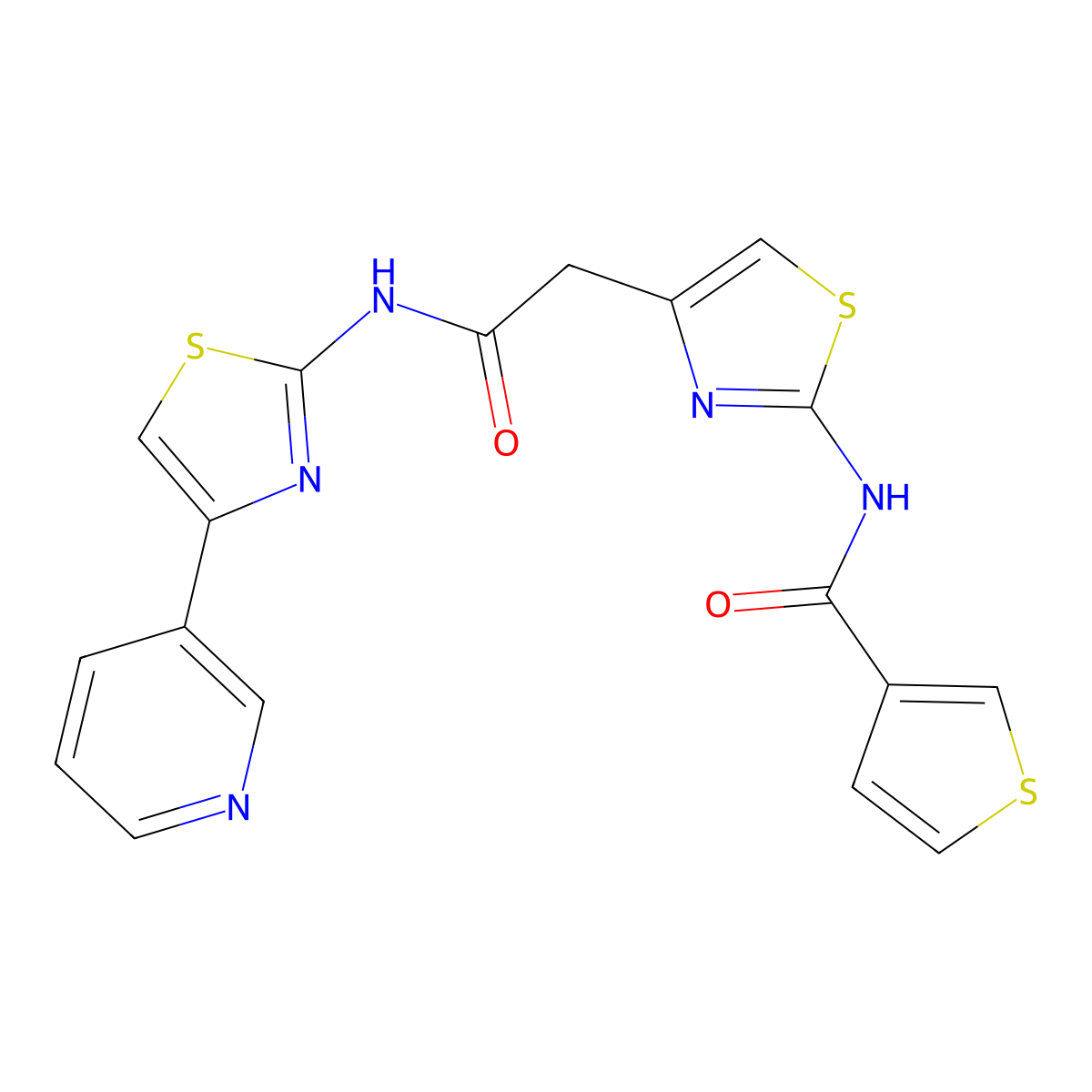 N-(4-(2-oxo-2-((4-(pyridin-3-yl)thiazol-2-yl)amino)ethyl)thiazol-2-yl)thiophene-3-carboxamide molecular structure, CAS 1211294-24-4