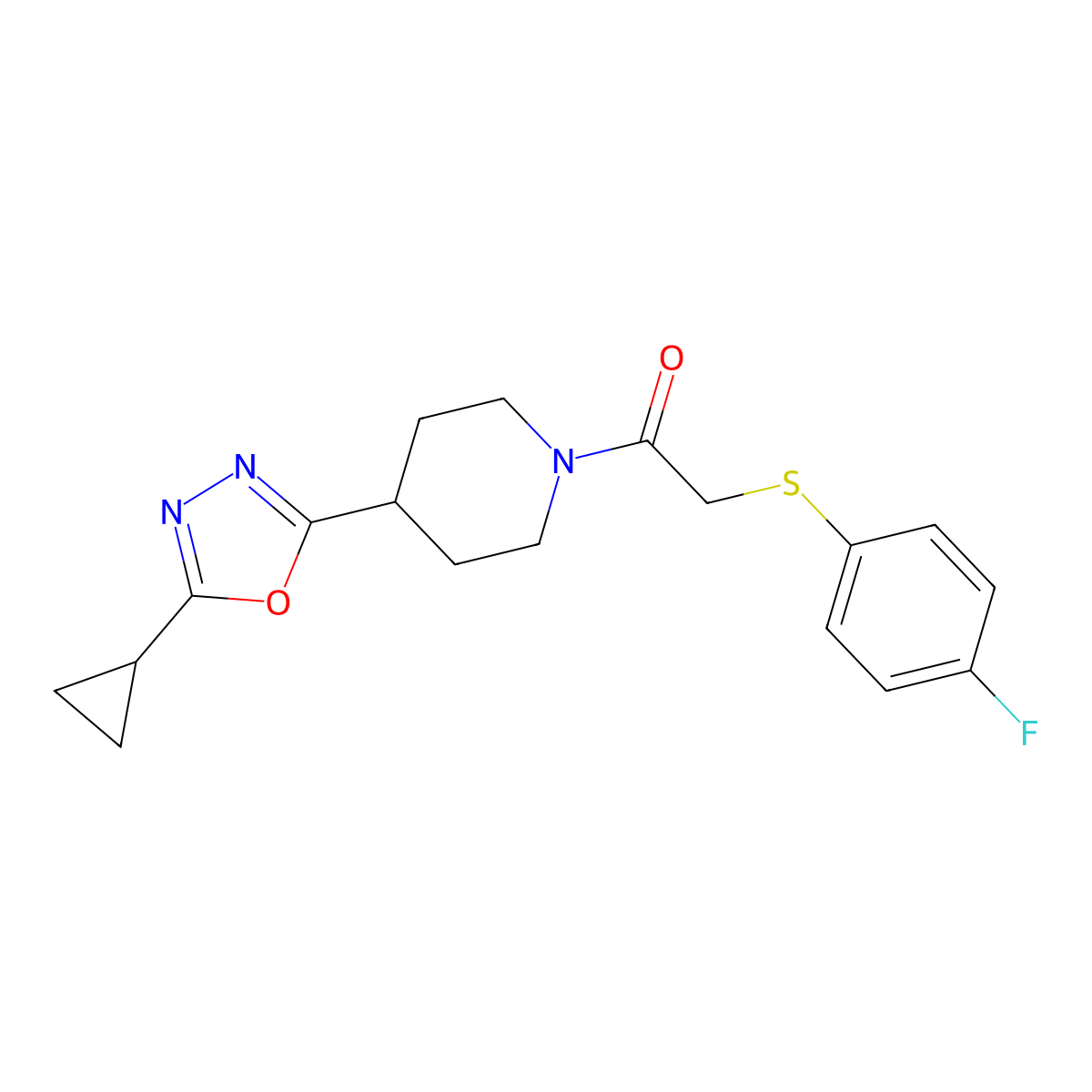 1-(4-(5-Cyclopropyl-1,3,4-oxadiazol-2-yl)piperidin-1-yl)-2-((4-fluorophenyl)thio)ethanone molecular structure, CAS 1211295-68-9