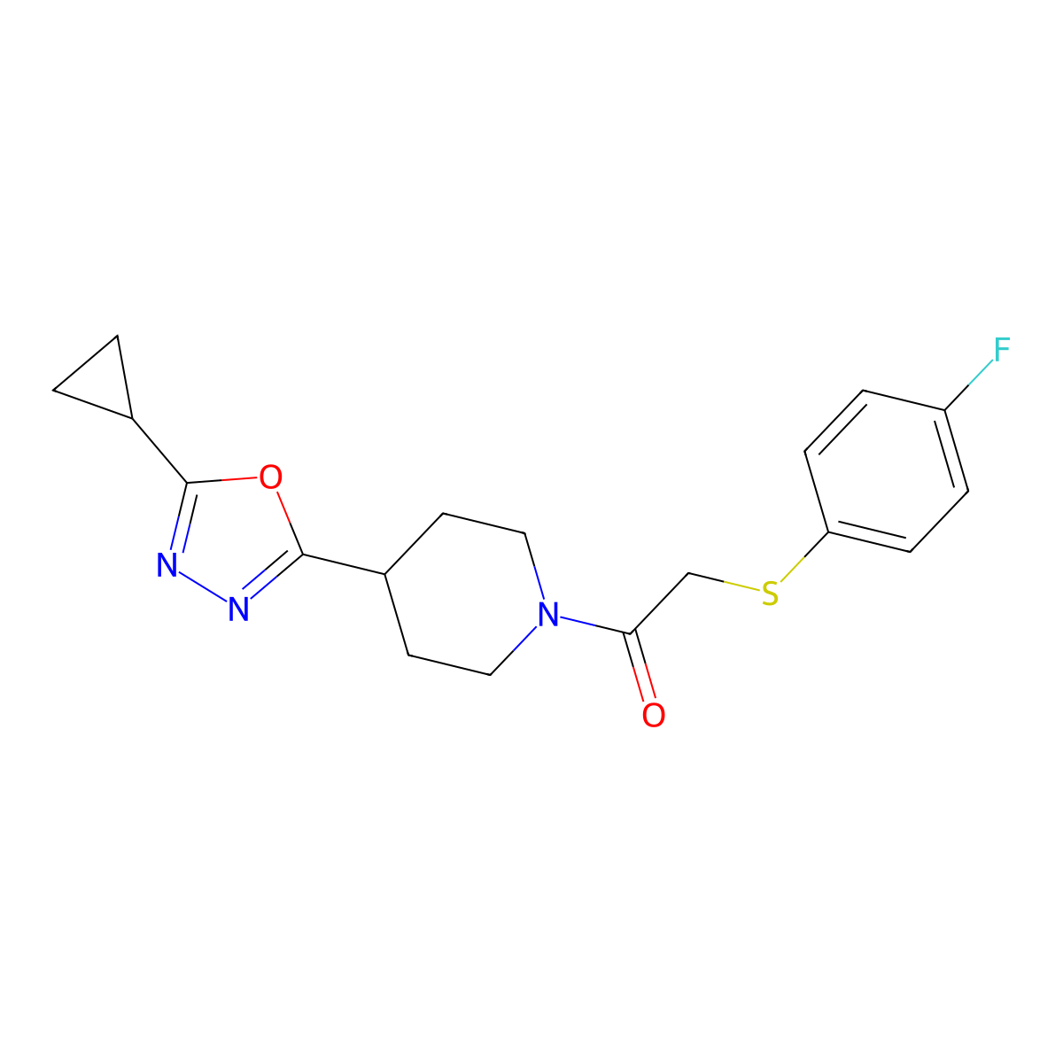 1-(4-(5-Cyclopropyl-1,3,4-oxadiazol-2-yl)piperidin-1-yl)-2-((4-fluorophenyl)thio)ethanone molecular structure, CAS 1211295-68-9