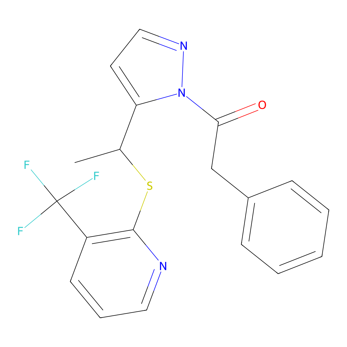 2-phenyl-1-[5-(1-{[3-(trifluoromethyl)-2-pyridinyl]sulfanyl}ethyl)-1H-pyrazol-1-yl]-1-ethanone molecular structure, CAS 1211305-28-0