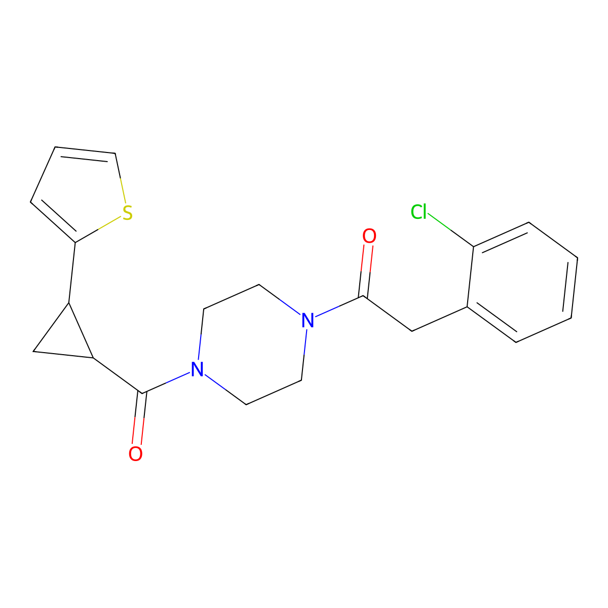 2-(2-Chlorophenyl)-1-(4-(2-(thiophen-2-yl)cyclopropanecarbonyl)piperazin-1-yl)ethanone molecular structure, CAS 1211307-95-7