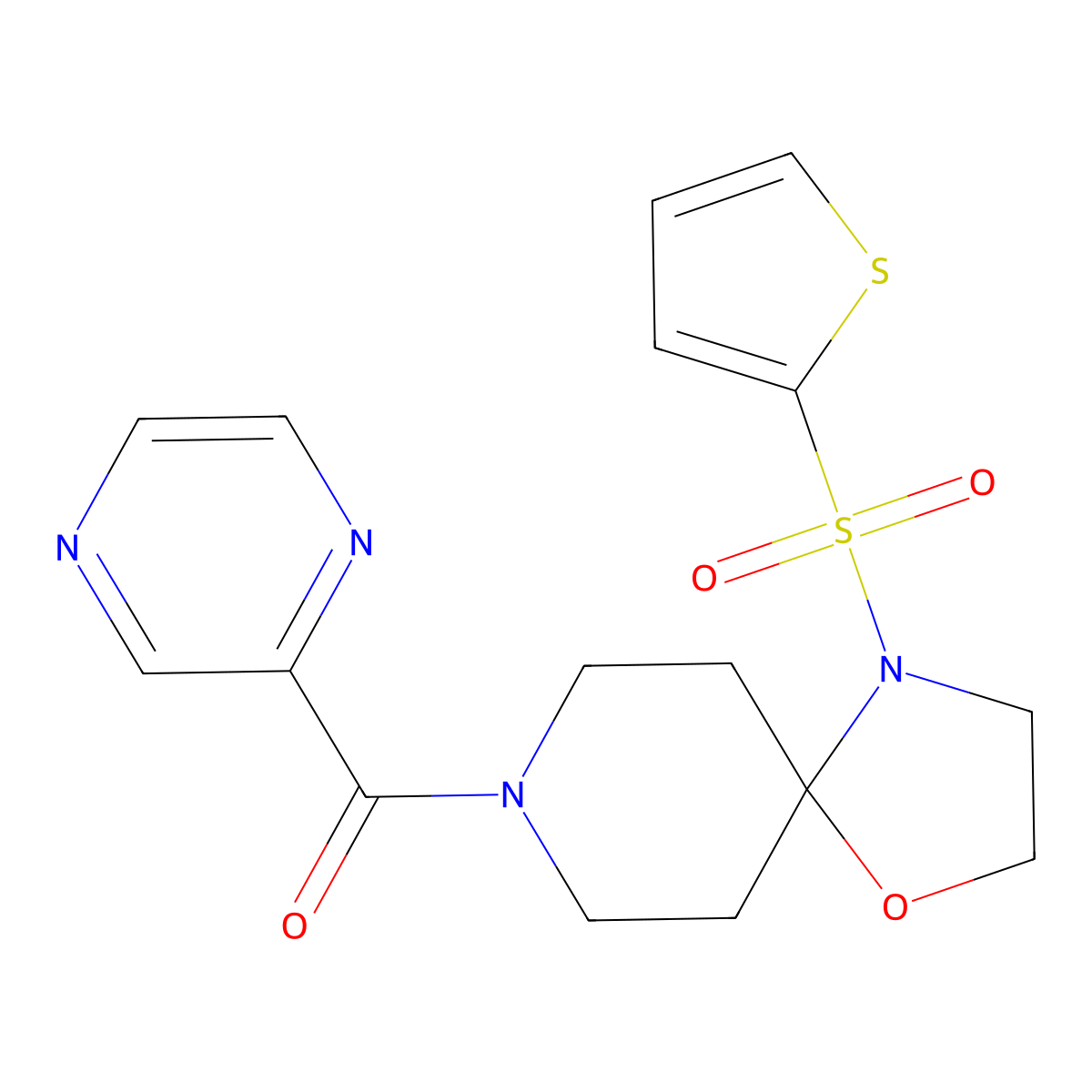 Pyrazin-2-yl(4-(thiophen-2-ylsulfonyl)-1-oxa-4,8-diazaspiro[4.5]decan-8-yl)methanone molecular structure, CAS 1211321-92-4