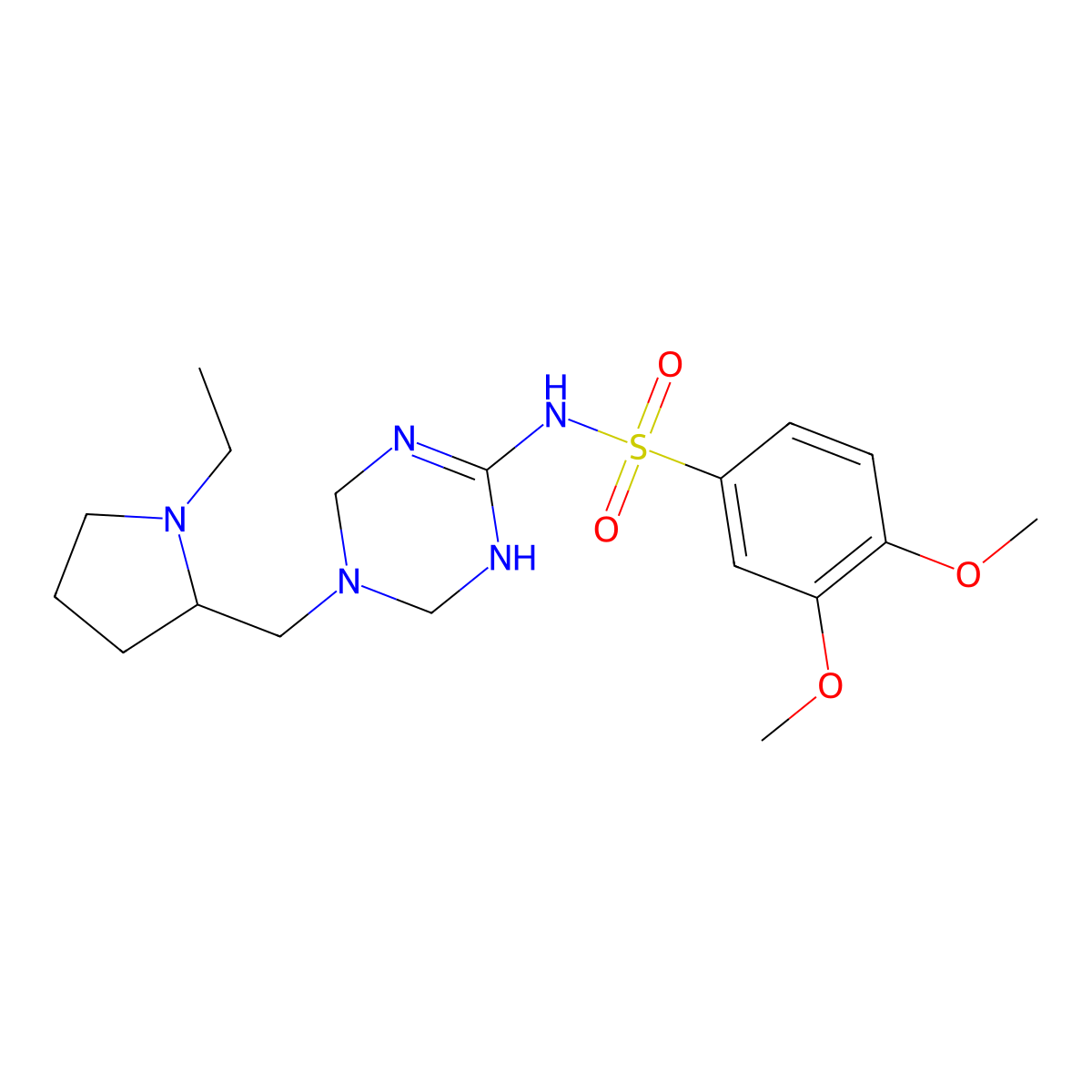 N~1~-{5-[(1-ethyl-2-pyrrolidinyl)methyl]-1,4,5,6-tetrahydro-1,3,5-triazin-2-yl}-3,4-dimethoxy-1-benzenesulfonamide molecular structure, CAS 1211333-83-3