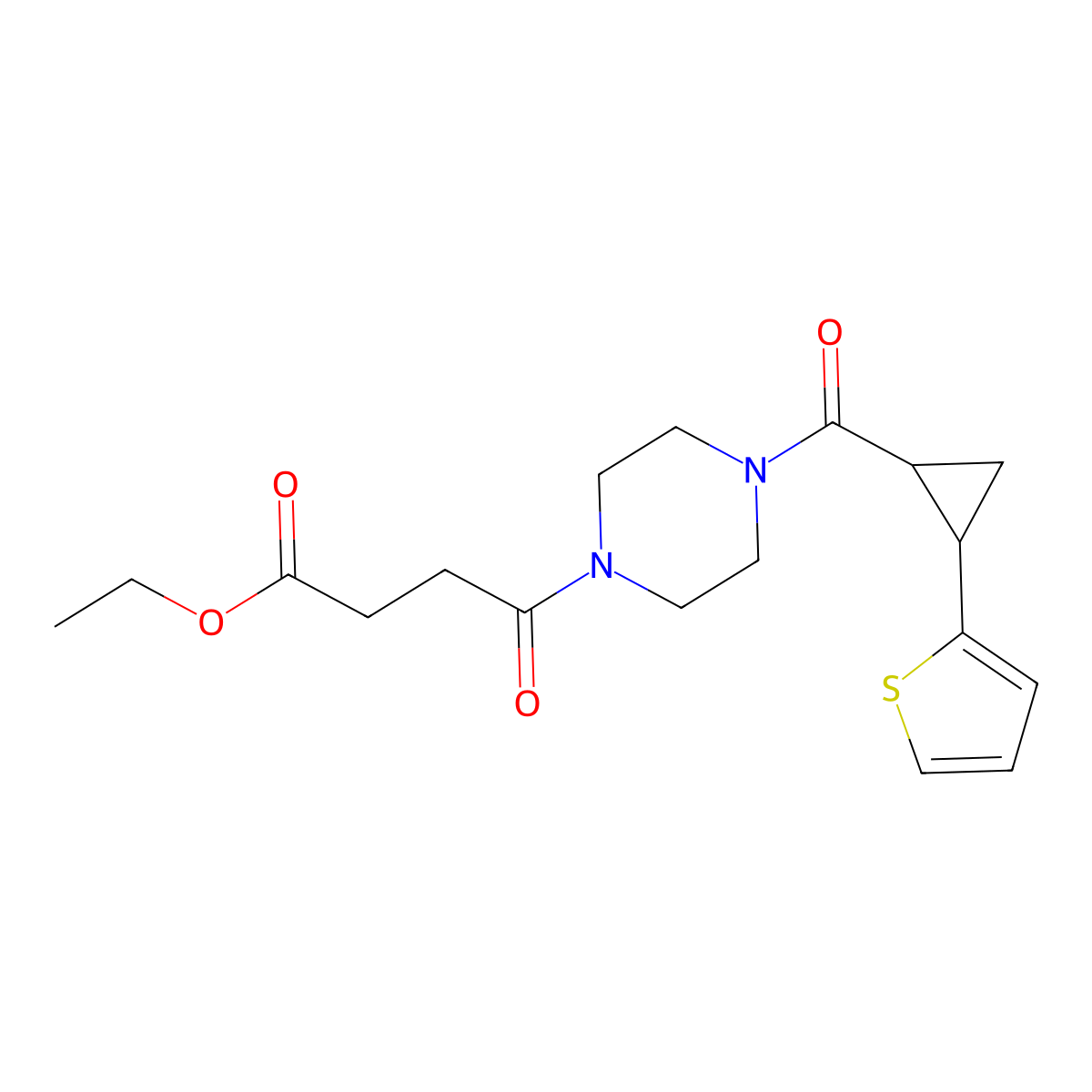 Ethyl 4-oxo-4-(4-(2-(thiophen-2-yl)cyclopropanecarbonyl)piperazin-1-yl)butanoate molecular structure, CAS 1211335-18-0