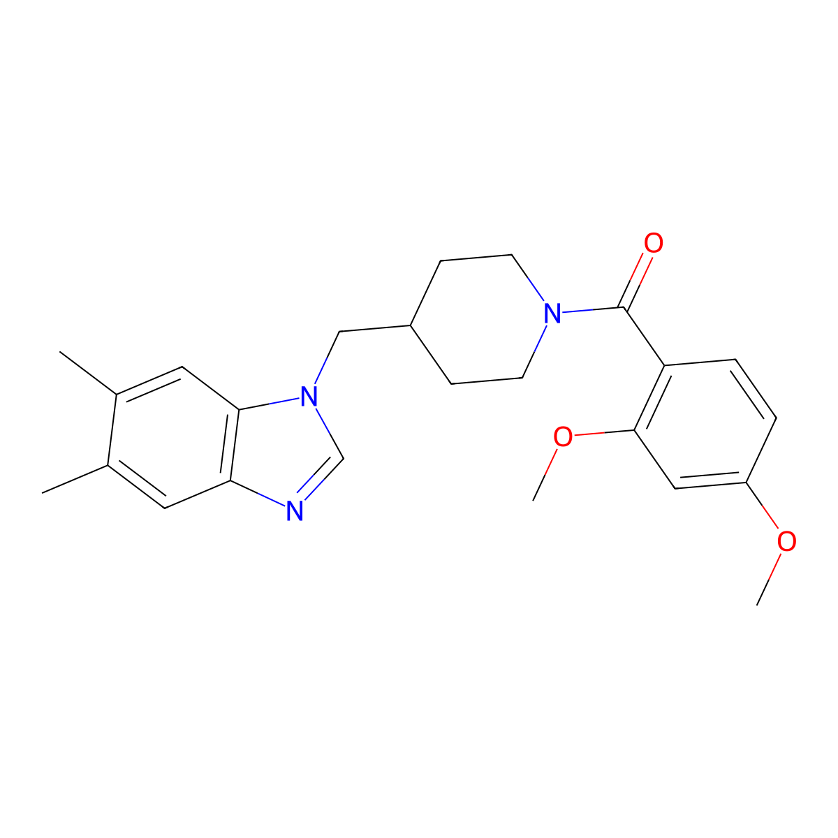 (2,4-dimethoxyphenyl)(4-((5,6-dimethyl-1H-benzo[d]imidazol-1-yl)methyl)piperidin-1-yl)methanone molecular structure, CAS 1211337-96-0