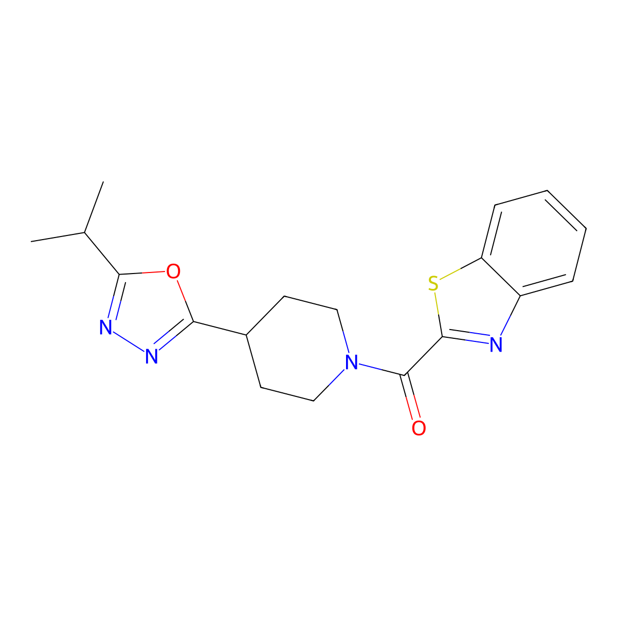 2-{4-[5-(Propan-2-yl)-1,3,4-oxadiazol-2-yl]piperidine-1-carbonyl}-1,3-benzothiazole molecular structure, CAS 1211342-31-2