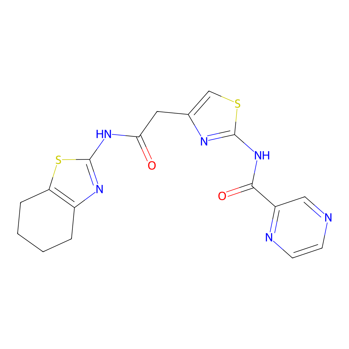 N-(4-(2-oxo-2-((4,5,6,7-tetrahydrobenzo[d]thiazol-2-yl)amino)ethyl)thiazol-2-yl)pyrazine-2-carboxamide molecular structure, CAS 1211352-76-9