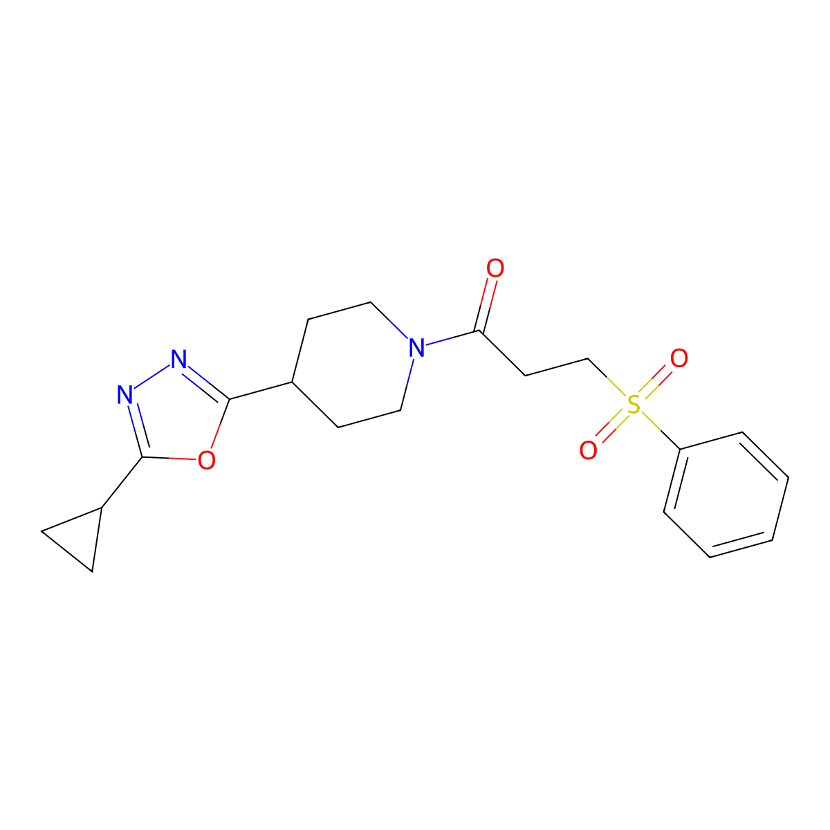 1-(4-(5-Cyclopropyl-1,3,4-oxadiazol-2-yl)piperidin-1-yl)-3-(phenylsulfonyl)propan-1-one molecular structure, CAS 1211362-50-3