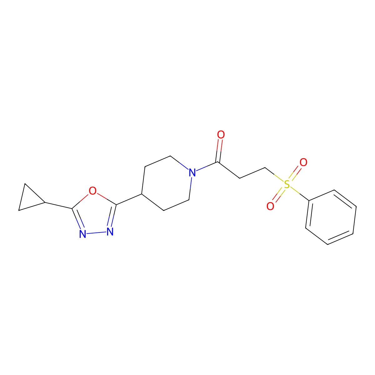 1-(4-(5-Cyclopropyl-1,3,4-oxadiazol-2-yl)piperidin-1-yl)-3-(phenylsulfonyl)propan-1-one molecular structure, CAS 1211362-50-3