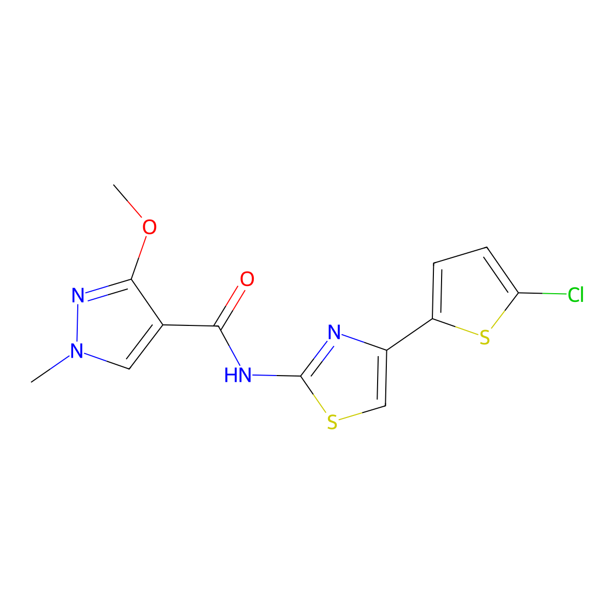 N-(4-(5-chlorothiophen-2-yl)thiazol-2-yl)-3-methoxy-1-methyl-1H-pyrazole-4-carboxamide molecular structure, CAS 1211379-98-4
