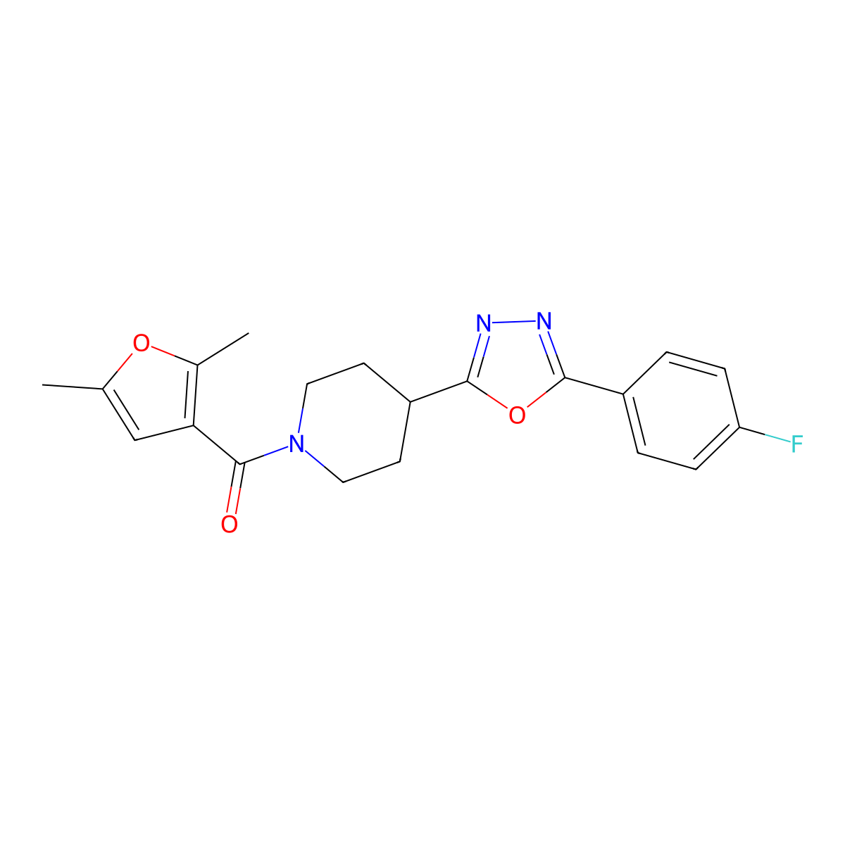 1-(2,5-Dimethylfuran-3-carbonyl)-4-[5-(4-fluorophenyl)-1,3,4-oxadiazol-2-yl]piperidine molecular structure, CAS 1211389-70-6