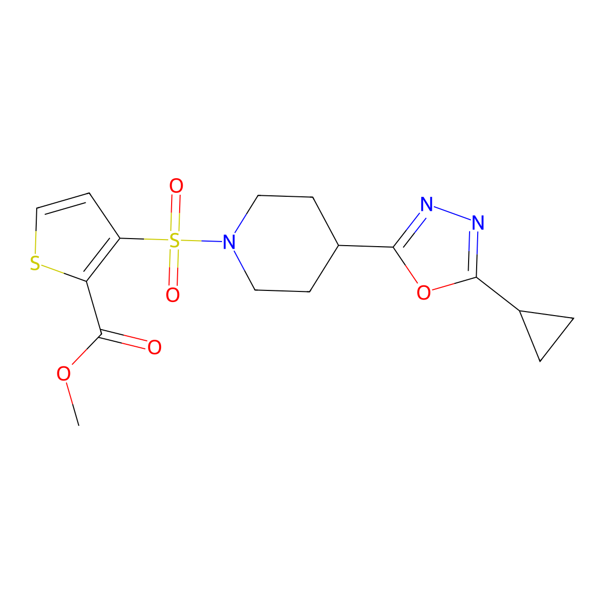 Methyl 3-{[4-(5-cyclopropyl-1,3,4-oxadiazol-2-yl)piperidin-1-yl]sulfonyl}thiophene-2-carboxylate molecular structure, CAS 1211405-98-9