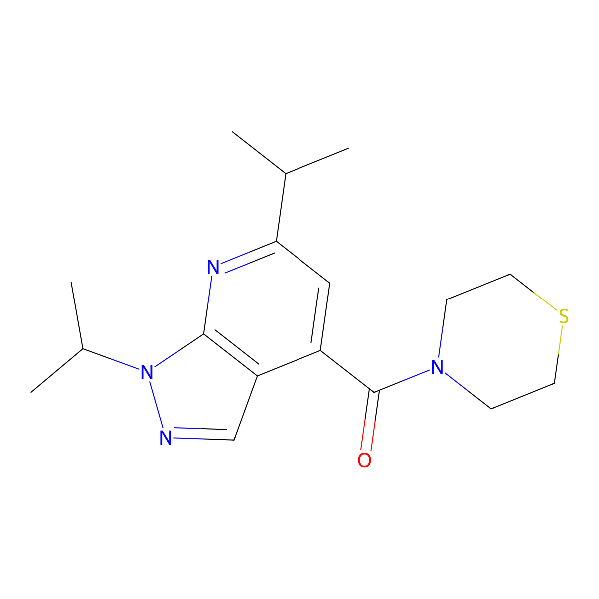 4-[1,6-bis(propan-2-yl)-1H-pyrazolo[3,4-b]pyridine-4-carbonyl]thiomorpholine molecular structure, CAS 1211410-24-0