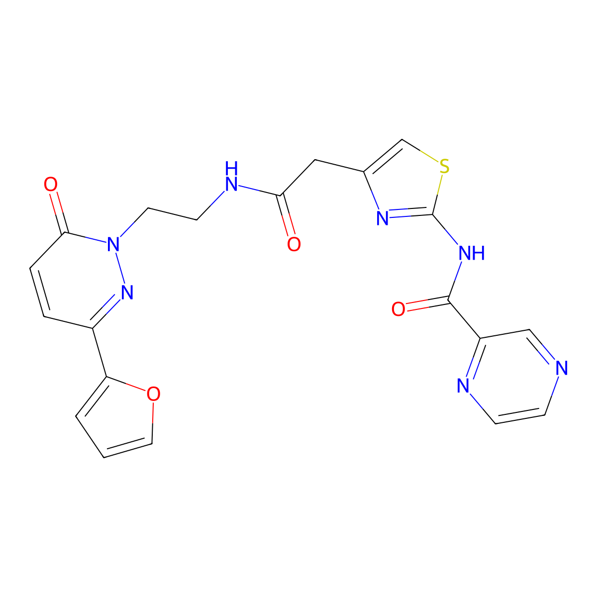 N-(4-(2-((2-(3-(furan-2-yl)-6-oxopyridazin-1(6H)-yl)ethyl)amino)-2-oxoethyl)thiazol-2-yl)pyrazine-2-carboxamide molecular structure, CAS 1211415-93-8