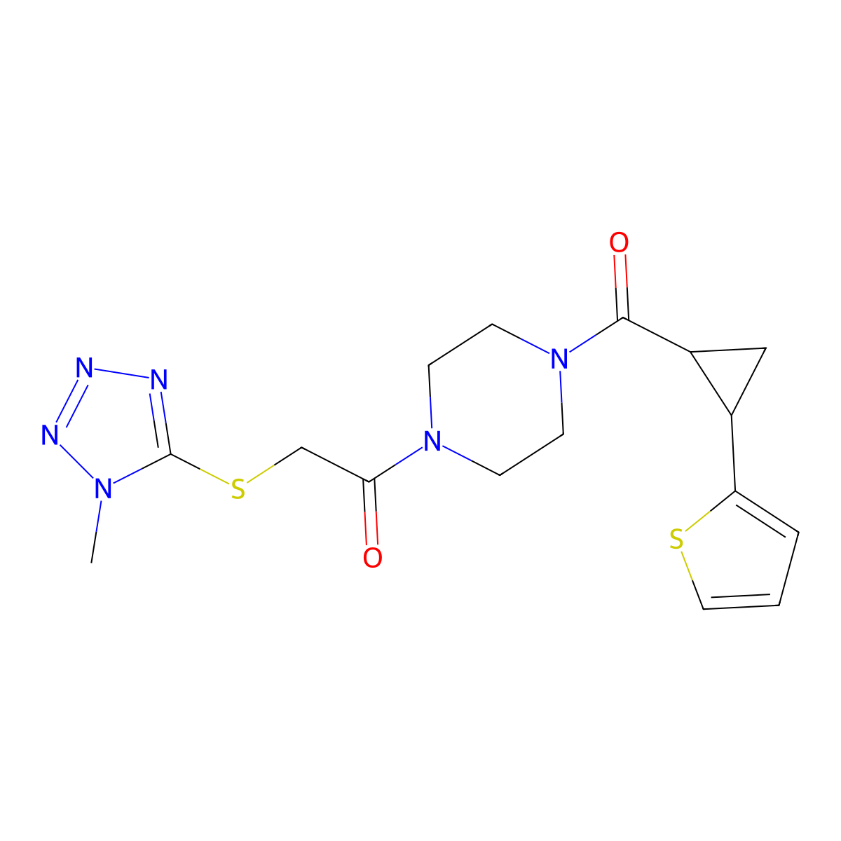 2-((1-methyl-1H-tetrazol-5-yl)thio)-1-(4-(2-(thiophen-2-yl)cyclopropanecarbonyl)piperazin-1-yl)ethanone molecular structure, CAS 1211417-18-3