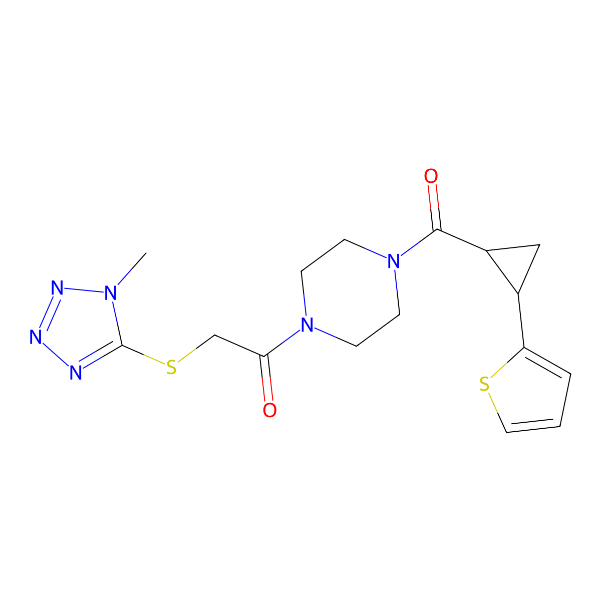 2-((1-methyl-1H-tetrazol-5-yl)thio)-1-(4-(2-(thiophen-2-yl)cyclopropanecarbonyl)piperazin-1-yl)ethanone molecular structure, CAS 1211417-18-3