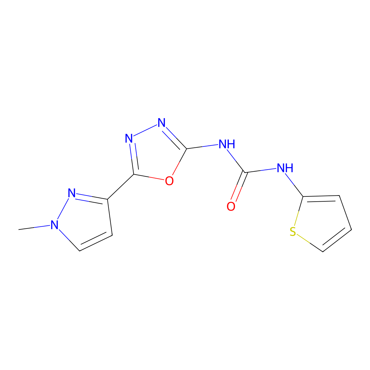 1-(5-(1-methyl-1H-pyrazol-3-yl)-1,3,4-oxadiazol-2-yl)-3-(thiophen-2-yl)urea molecular structure, CAS 1211421-75-8