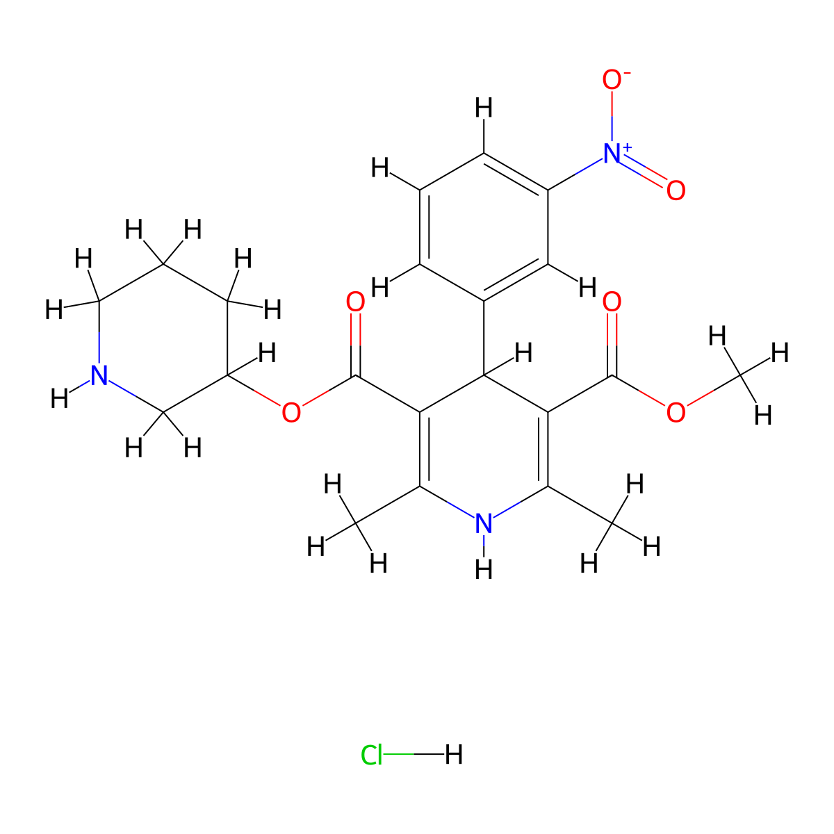 3-Methyl 5-piperidin-3-YL 2,6-dimethyl-4-(3-nitrophenyl)-1,4-dihydropyridine-3,5-dicarboxylate hcl molecular structure, CAS 121145-30-0
