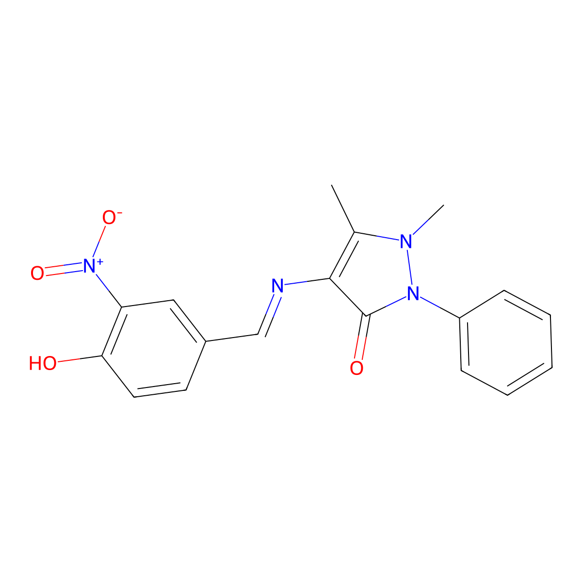 (E)-4-((4-hydroxy-3-nitrobenzylidene)amino)-1,5-dimethyl-2-phenyl-1H-pyrazol-3(2H)-one molecular structure, CAS 1211454-78-2