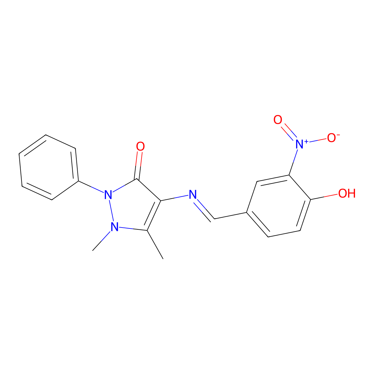 (E)-4-((4-hydroxy-3-nitrobenzylidene)amino)-1,5-dimethyl-2-phenyl-1H-pyrazol-3(2H)-one molecular structure, CAS 1211454-78-2
