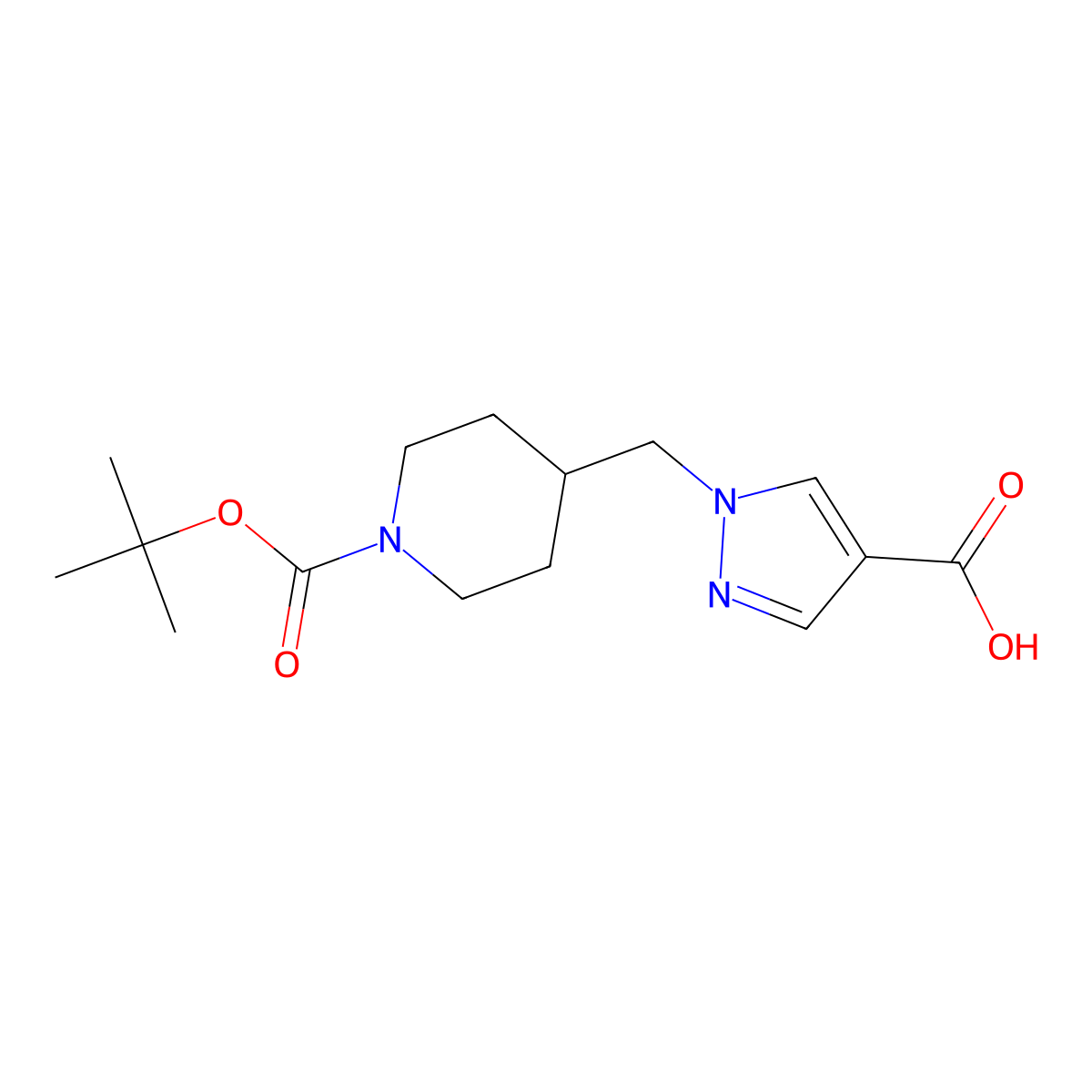 1-((1-((tert-butoxy)carbonyl)piperidin-4-yl)methyl)-1H-pyrazole-4-carboxylic acid molecular structure, CAS 1211518-74-9