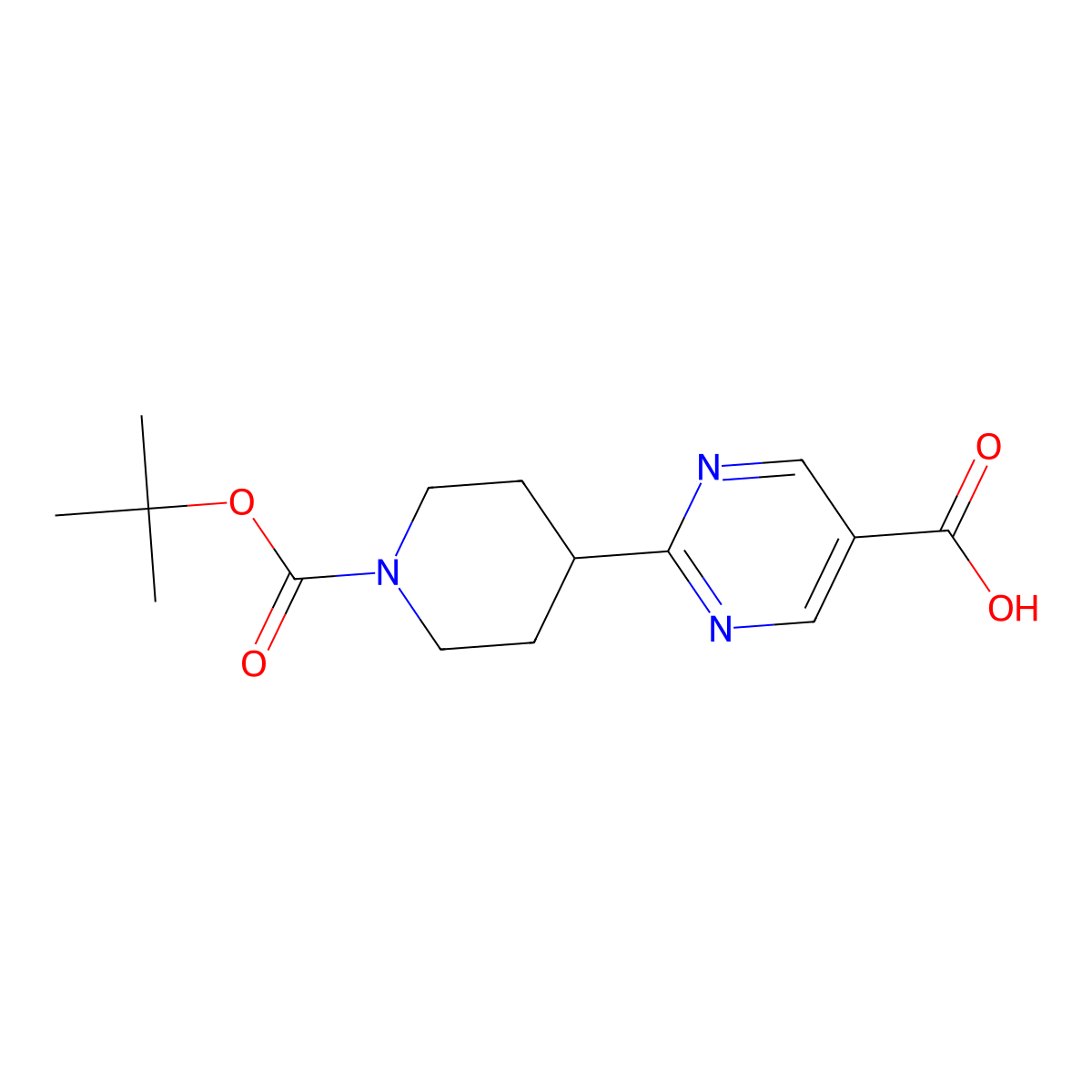 5-Pyrimidinecarboxylic acid, 2-[1-[(1,1-dimethylethoxy)carbonyl]-4-piperidinyl]- molecular structure, CAS 1211536-78-5
