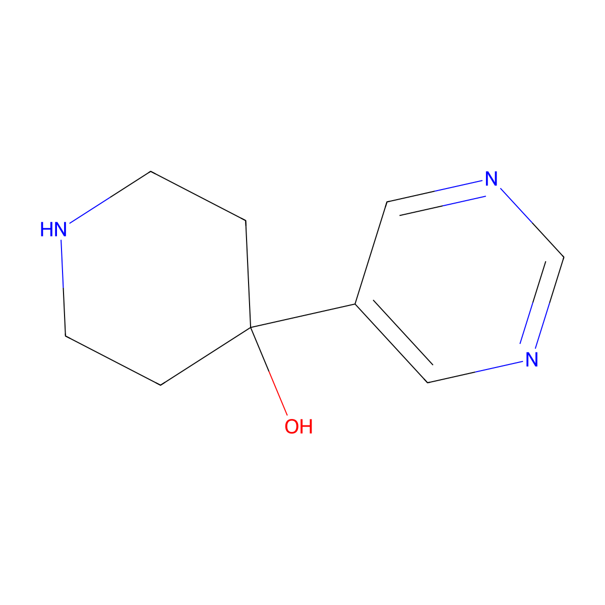 4-(Pyrimidin-5-yl)piperidin-4-ol molecular structure, CAS 1211589-90-0