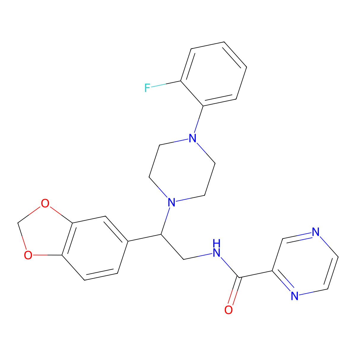 N-(2-(benzo[d][1,3]dioxol-5-yl)-2-(4-(2-fluorophenyl)piperazin-1-yl)ethyl)pyrazine-2-carboxamide molecular structure, CAS 1211602-04-8