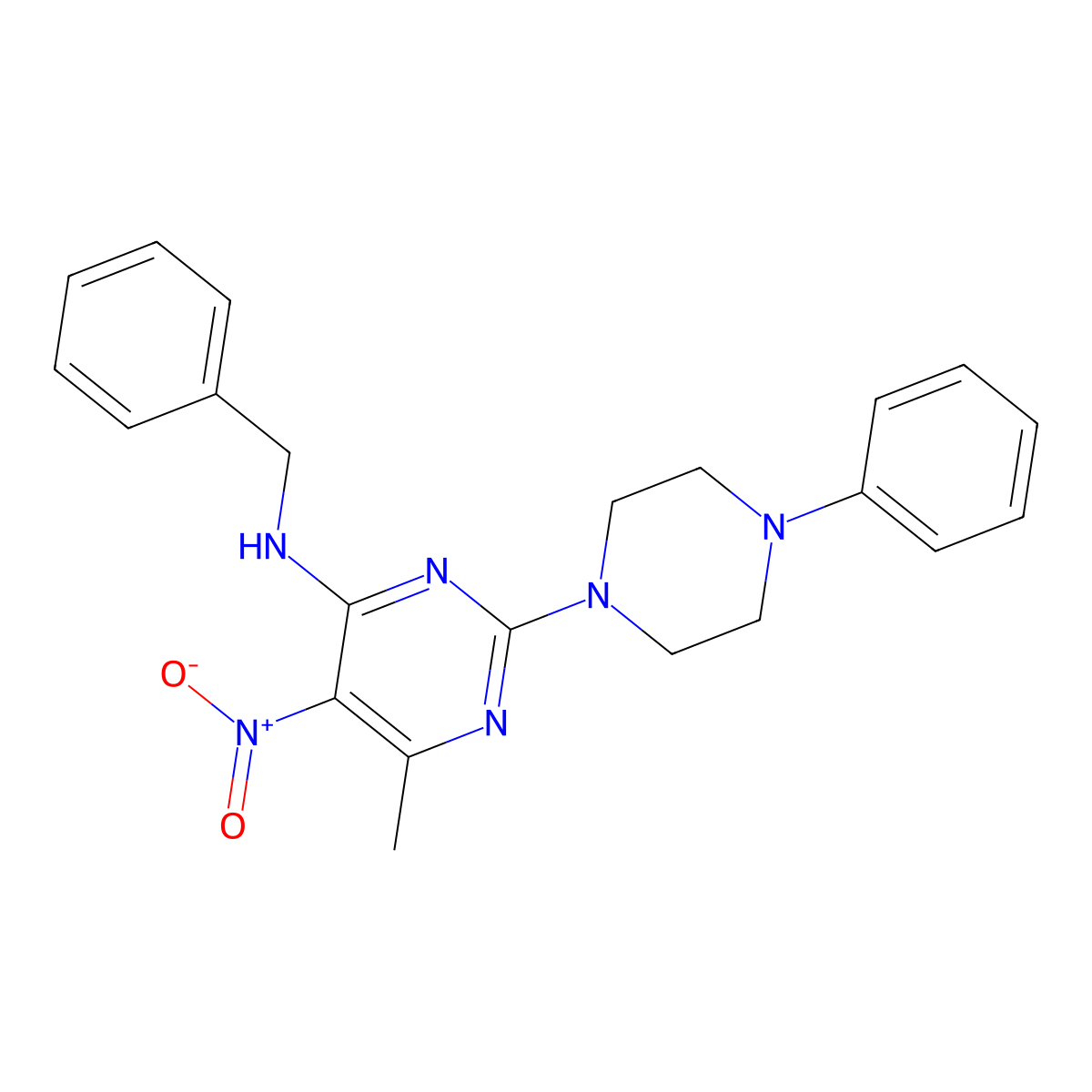 N-benzyl-6-methyl-5-nitro-2-(4-phenylpiperazin-1-yl)pyrimidin-4-amine molecular structure, CAS 1211602-37-7