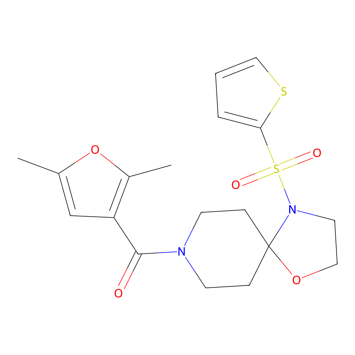 (2,5-Dimethylfuran-3-yl)(4-(thiophen-2-ylsulfonyl)-1-oxa-4,8-diazaspiro[4.5]decan-8-yl)methanone molecular structure, CAS 1211605-17-2