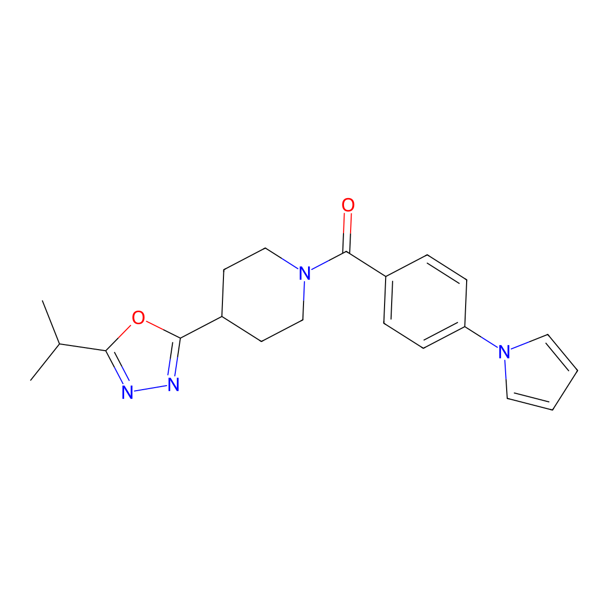 (4-(1H-pyrrol-1-yl)phenyl)(4-(5-isopropyl-1,3,4-oxadiazol-2-yl)piperidin-1-yl)methanone molecular structure, CAS 1211608-23-9