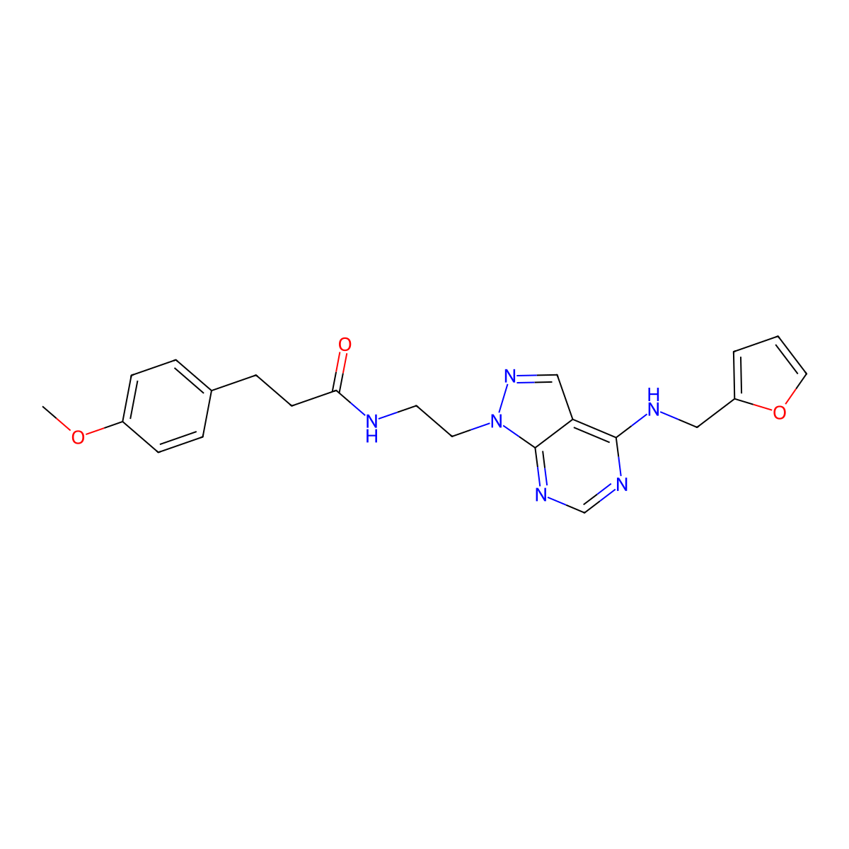 N-(2-(4-((furan-2-ylmethyl)amino)-1H-pyrazolo[3,4-d]pyrimidin-1-yl)ethyl)-3-(4-methoxyphenyl)propanamide molecular structure, CAS 1211610-65-9
