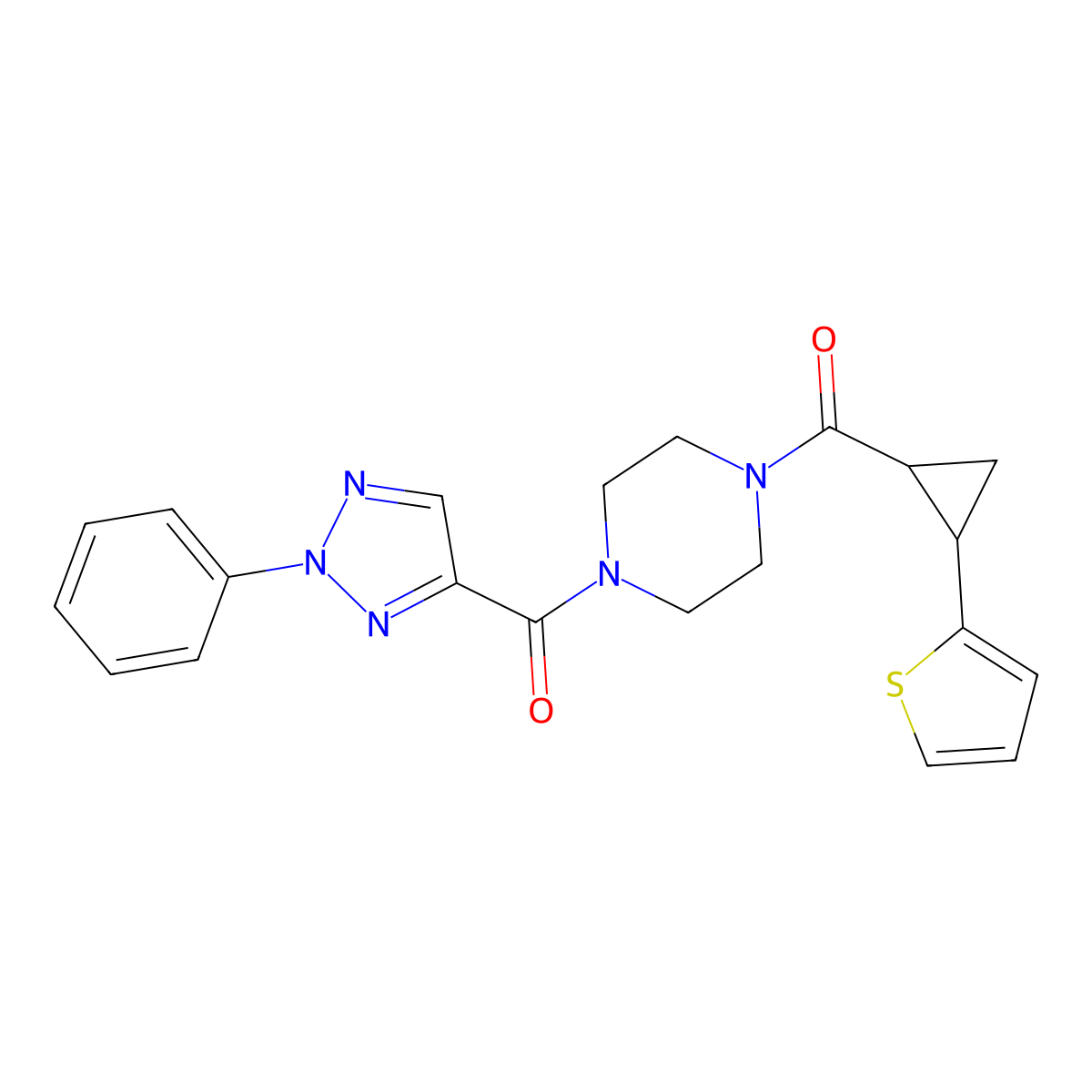 (2-phenyl-2H-1,2,3-triazol-4-yl)(4-(2-(thiophen-2-yl)cyclopropanecarbonyl)piperazin-1-yl)methanone molecular structure, CAS 1211617-35-4