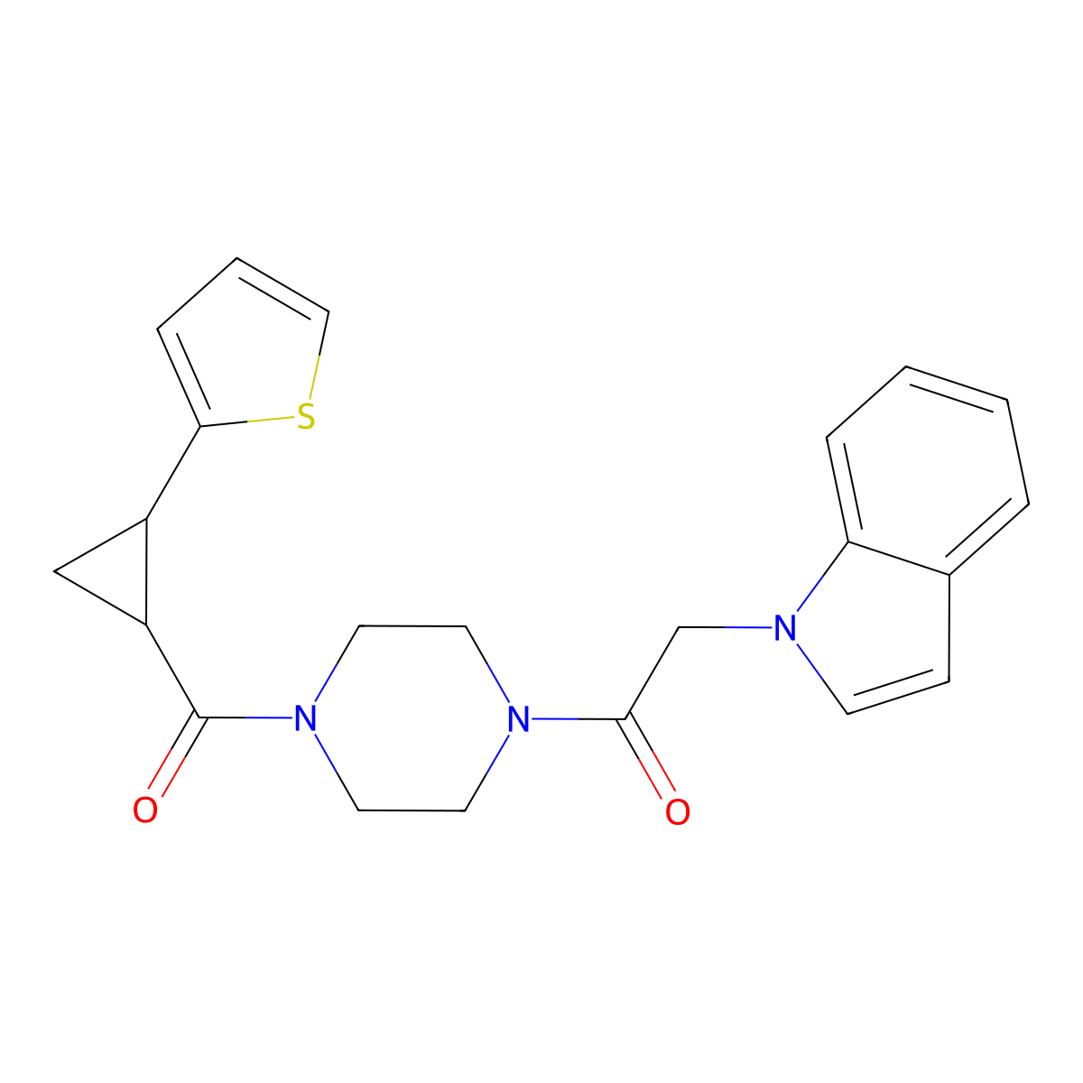 2-(1H-indol-1-yl)-1-(4-(2-(thiophen-2-yl)cyclopropanecarbonyl)piperazin-1-yl)ethanone molecular structure, CAS 1211619-19-0