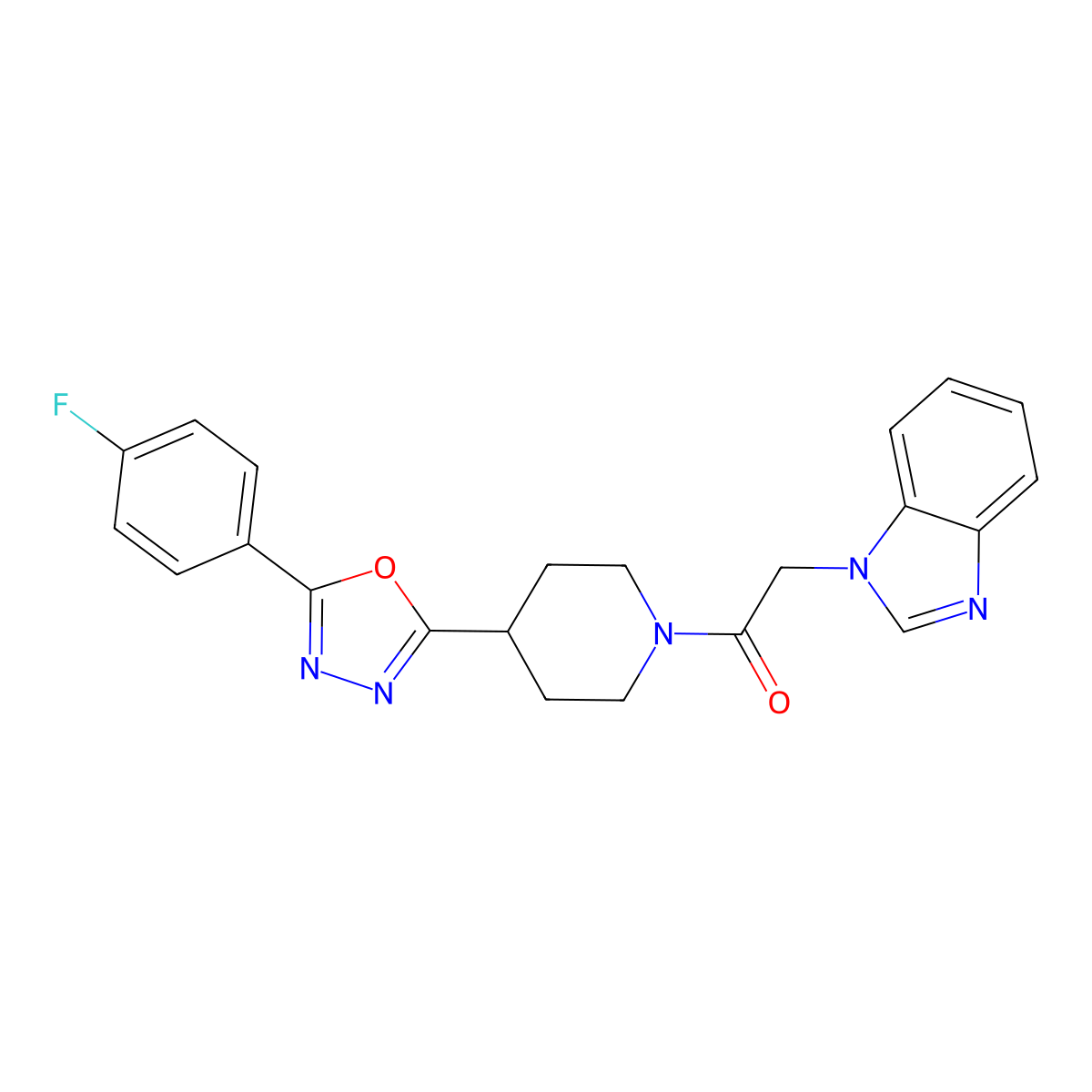 2-(1H-benzo[d]imidazol-1-yl)-1-(4-(5-(4-fluorophenyl)-1,3,4-oxadiazol-2-yl)piperidin-1-yl)ethanone molecular structure, CAS 1211623-16-3