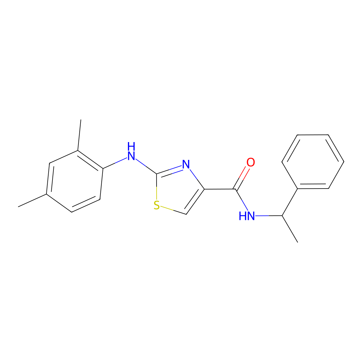 2-((2,4-dimethylphenyl)amino)-N-(1-phenylethyl)thiazole-4-carboxamide molecular structure, CAS 1211624-80-4