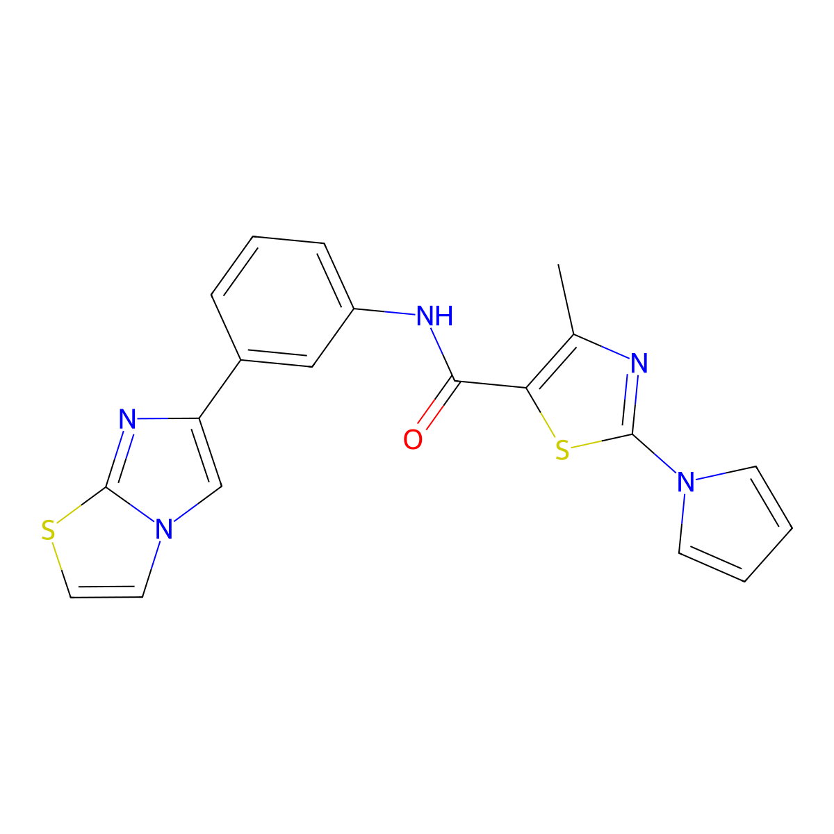 N-(3-(imidazo[2,1-b]thiazol-6-yl)phenyl)-4-methyl-2-(1H-pyrrol-1-yl)thiazole-5-carboxamide molecular structure, CAS 1211625-17-0