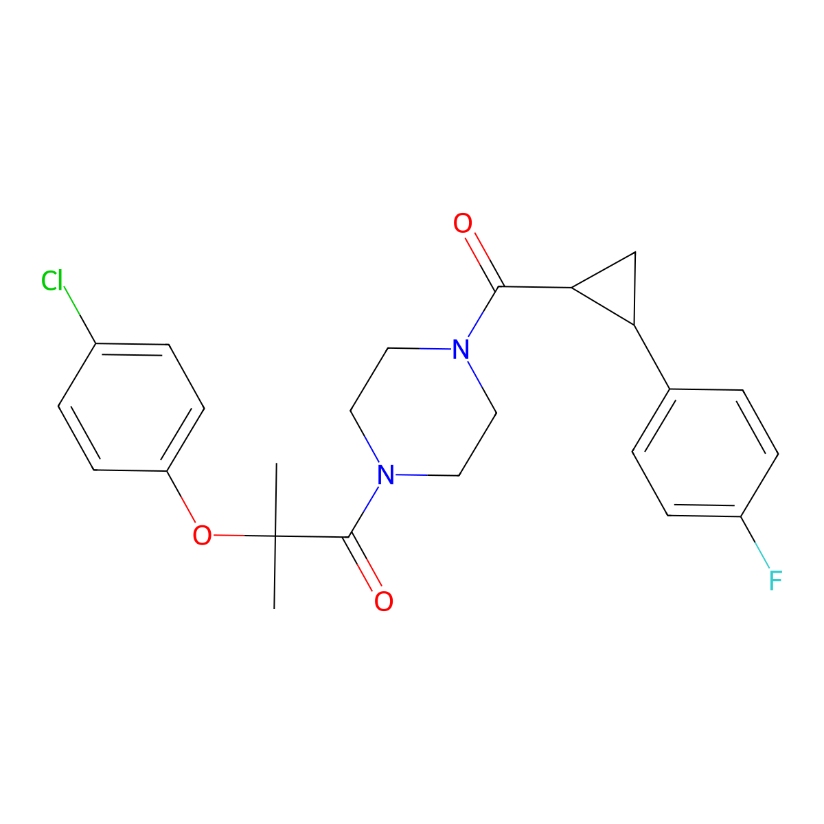 2-(4-Chlorophenoxy)-1-(4-(2-(4-fluorophenyl)cyclopropanecarbonyl)piperazin-1-yl)-2-methylpropan-1-one molecular structure, CAS 1211627-16-5