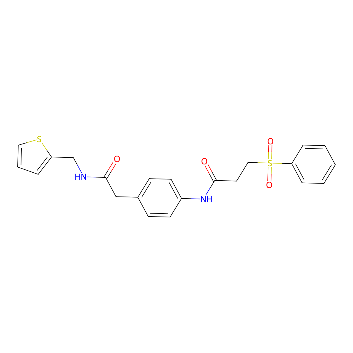 N-(4-(2-oxo-2-((thiophen-2-ylmethyl)amino)ethyl)phenyl)-3-(phenylsulfonyl)propanamide molecular structure, CAS 1211629-92-3