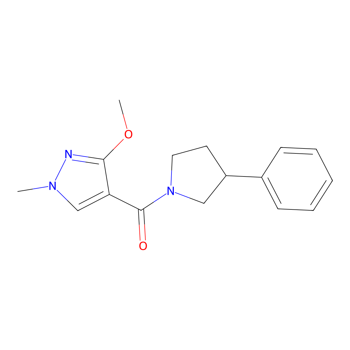 (3-methoxy-1-methyl-1H-pyrazol-4-yl)(3-phenylpyrrolidin-1-yl)methanone molecular structure, CAS 1211633-64-5