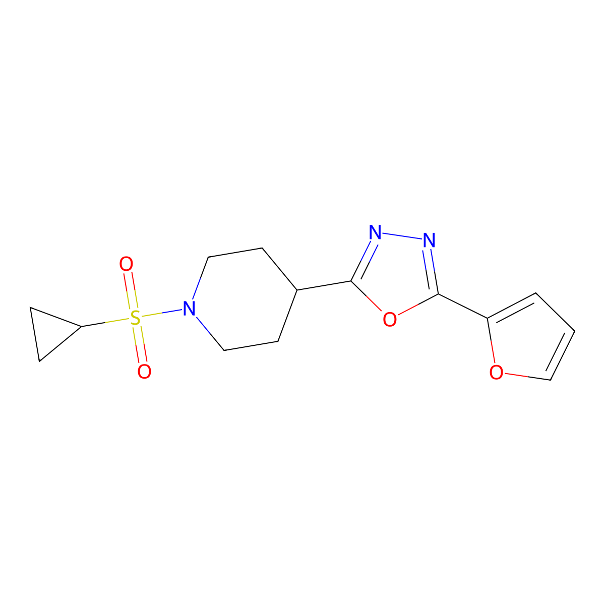 2-(1-(Cyclopropylsulfonyl)piperidin-4-yl)-5-(furan-2-yl)-1,3,4-oxadiazole molecular structure, CAS 1211633-71-4