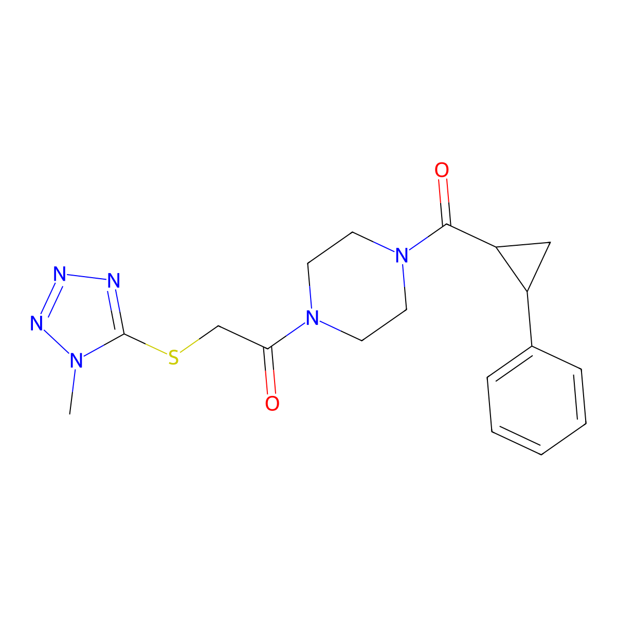 2-((1-methyl-1H-tetrazol-5-yl)thio)-1-(4-(2-phenylcyclopropanecarbonyl)piperazin-1-yl)ethanone molecular structure, CAS 1211635-25-4