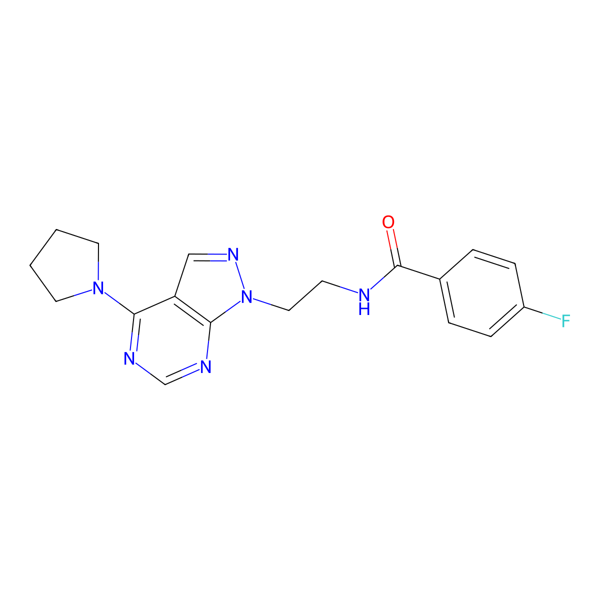 4-fluoro-N-(2-(4-(pyrrolidin-1-yl)-1H-pyrazolo[3,4-d]pyrimidin-1-yl)ethyl)benzamide molecular structure, CAS 1211645-17-8