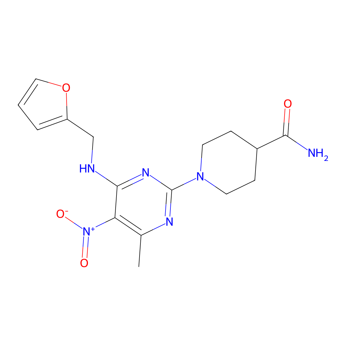 1-(4-((Furan-2-ylmethyl)amino)-6-methyl-5-nitropyrimidin-2-yl)piperidine-4-carboxamide molecular structure, CAS 1211649-10-3