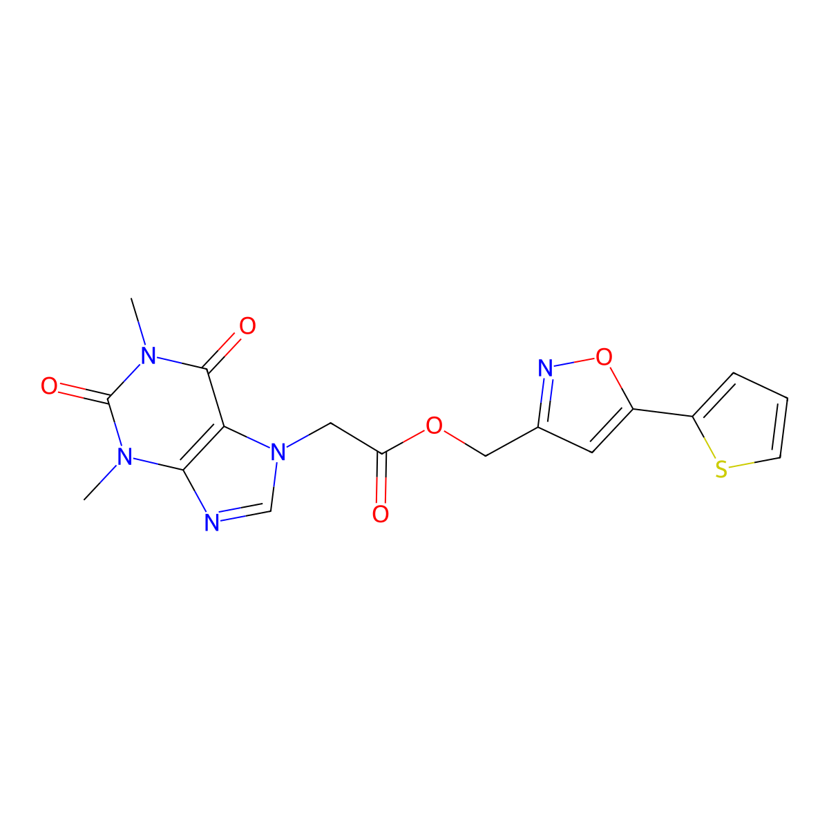 (5-(thiophen-2-yl)isoxazol-3-yl)methyl 2-(1,3-dimethyl-2,6-dioxo-2,3-dihydro-1H-purin-7(6H)-yl)acetate molecular structure, CAS 1211658-20-6