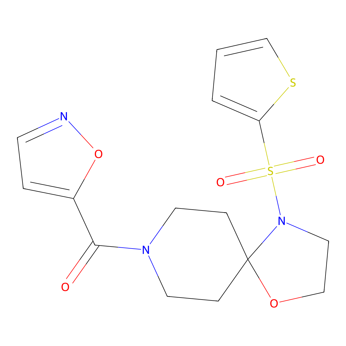 Isoxazol-5-yl(4-(thiophen-2-ylsulfonyl)-1-oxa-4,8-diazaspiro[4.5]decan-8-yl)methanone molecular structure, CAS 1211660-18-2
