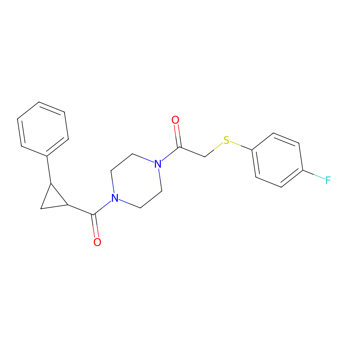 2-((4-Fluorophenyl)thio)-1-(4-(2-phenylcyclopropanecarbonyl)piperazin-1-yl)ethanone molecular structure, CAS 1211661-16-3