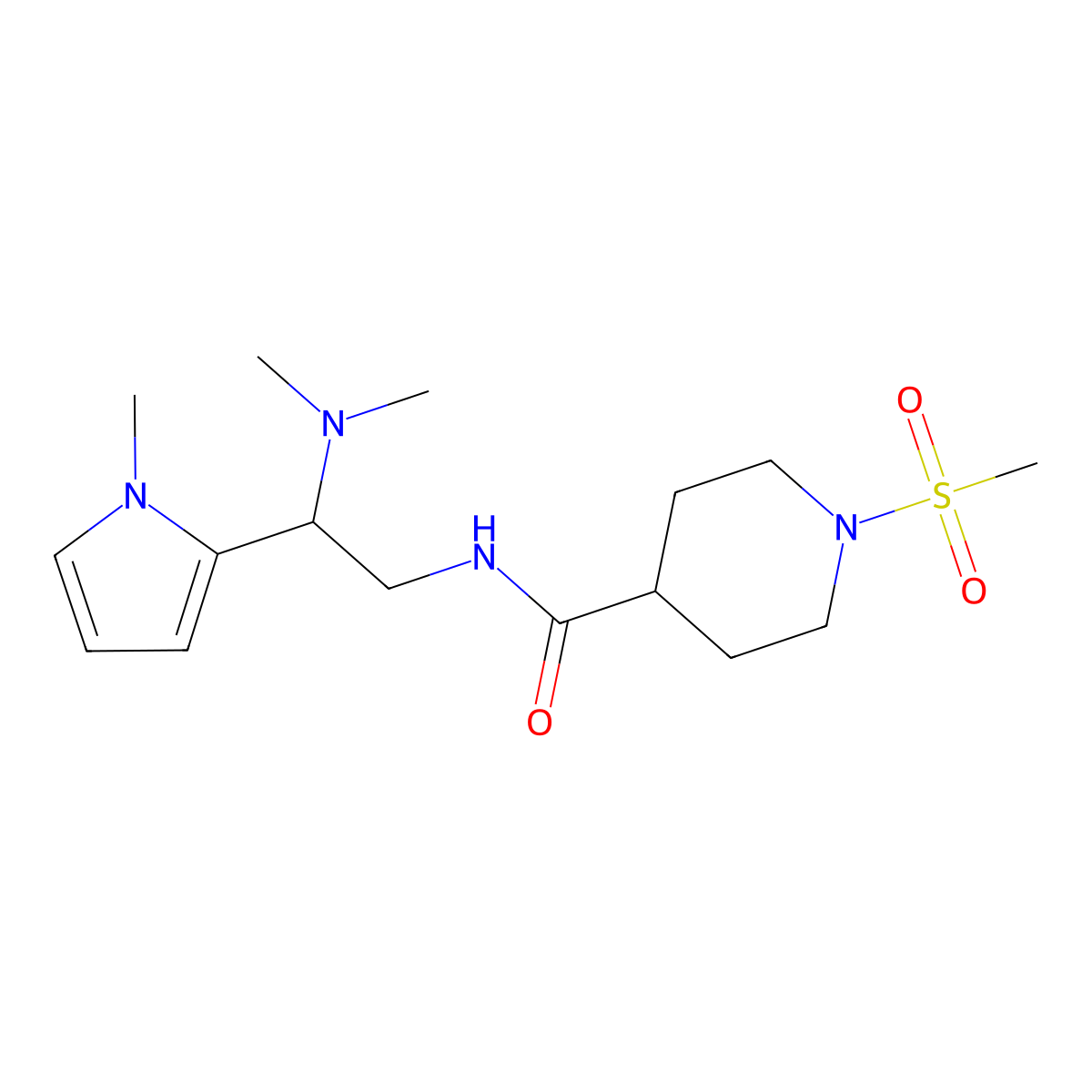 N-(2-(dimethylamino)-2-(1-methyl-1H-pyrrol-2-yl)ethyl)-1-(methylsulfonyl)piperidine-4-carboxamide molecular structure, CAS 1211669-41-8