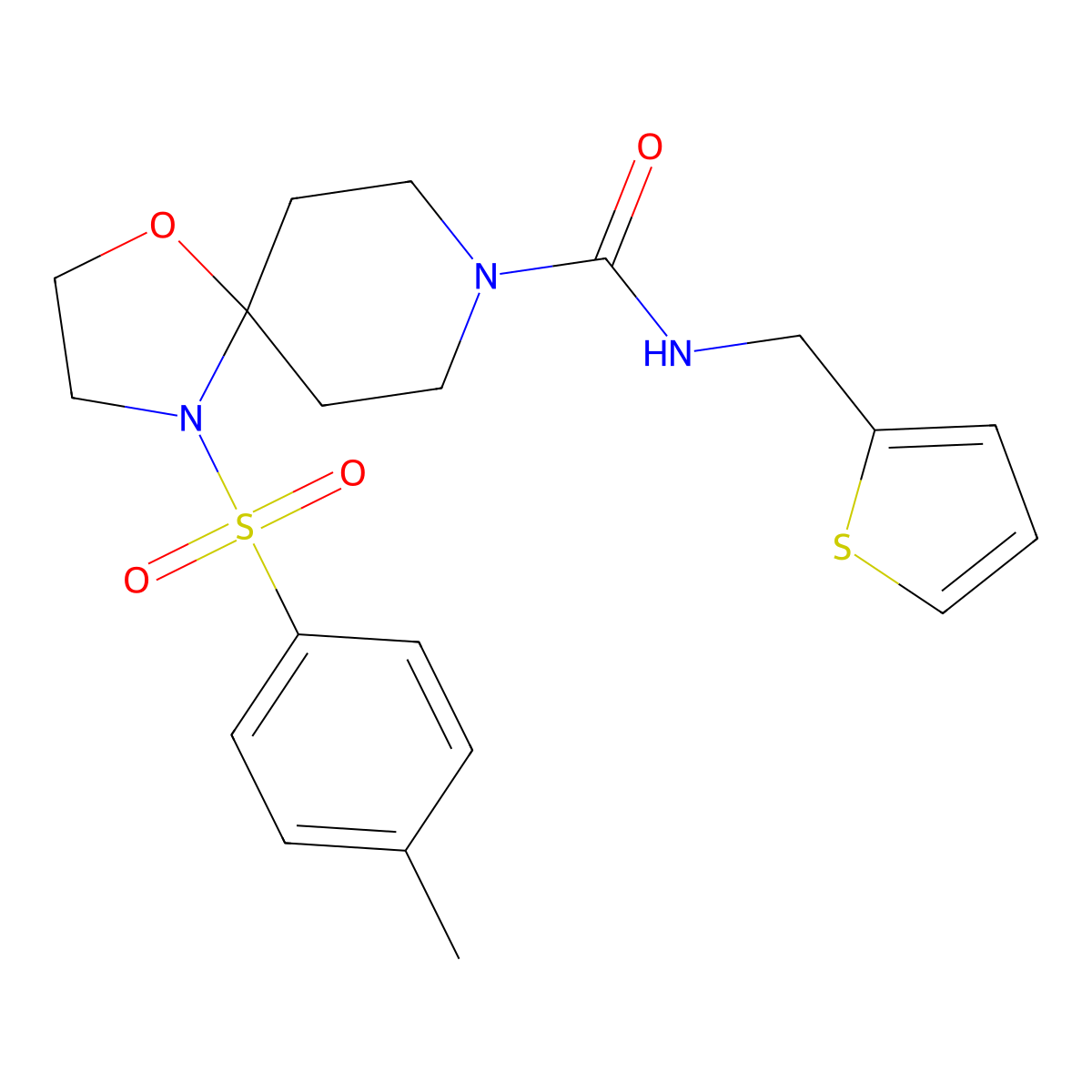 N-(thiophen-2-ylmethyl)-4-tosyl-1-oxa-4,8-diazaspiro[4.5]decane-8-carboxamide molecular structure, CAS 1211679-15-0